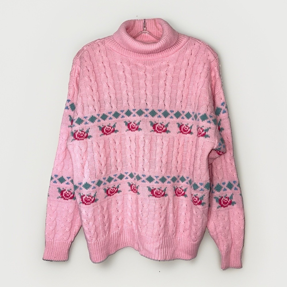 Vintage Sheridan Square Pink Floral Cable Knit Sweater L Granny Cottagecore USA